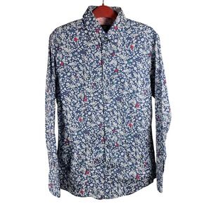 Steel & Jelly London Mens Navy Blue Ditsy Floral Print Long Sleeve Button Shirt